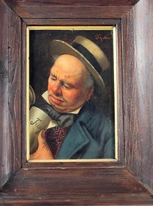 Pintura hombre con jarra óleo sobre placa en marco antigua pieza de museo (?) - Imagen 1 de 11