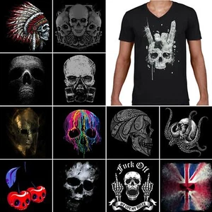 Skull V-Neck T-Shirt Mens Biker Tattoo Tribal Viking Grim Reaper Gym Rock n Roll - Picture 1 of 29