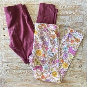 Cat & Jack Girls Leggings Lot of 2 Size L 10/12 Burgundy & Butterfly Flower EUC - Picture 1 of 5
