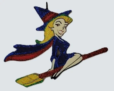 STROMBOLI'S WAGON WITCH on BROOMSTICK * Glitter WOOD HALLOWEEN ORNAMENT Vtg Img