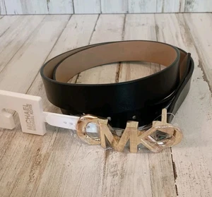 MICHAEL KORS Leather Belt Size Large Logo Buckle Black Gold NEW - Picture 1 of 11