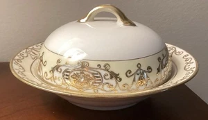 NORITAKE HAND PAINTED N175 Christmas Ball GOLD Covered Butter Dish w/Strainer - Picture 1 of 6