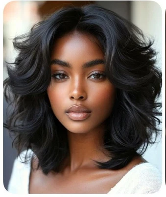 Short Jet Black Wave Layered Bob 100% Human Hair Lace Front Wigs 250% Density - Image 1 of 4