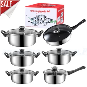 Topf Kochtopf Pfannen Set Topfset Mit Glasdeckel 12-teilig Edelstahl Induktion - Bild 1 von 13