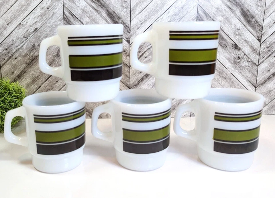 LOT Vintage 5 Fire-king Coffee Milk Glass MUG Olive green Stripes Anchor Hocking - Image 1 of 4