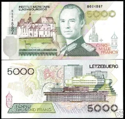 Luxembourg 5000 FRANCS P-60 1996 Pre Euro UNC DUKE City Map Currency BANK NOTE - Image 1 of 4