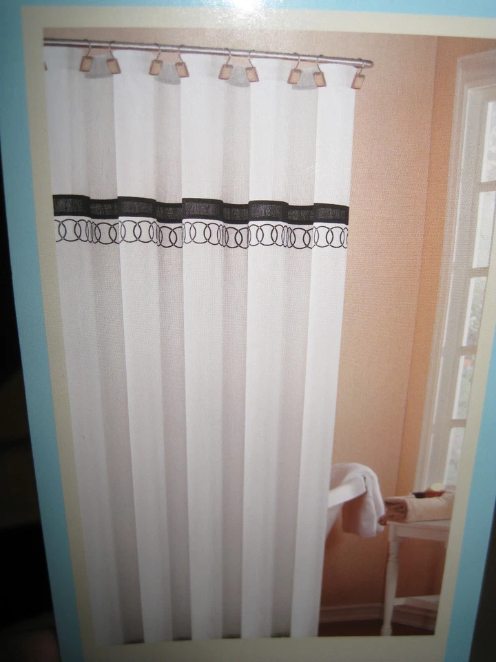 Orbit Platinum Silver Gray Black Embroidered Circles Fabric Shower Curtain NEW - Image 1 of 4