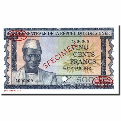 [#213861] Banknote, Guinea, 500 Francs, 1960-03-01, Specimen TDLR, KM:14s, UNC Cover