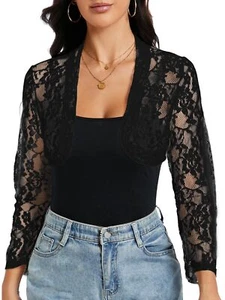 Women's Long Sleeve Lace Bolero Shrug Cardigan Top for Wedding Party Black - Picture 1 of 7
