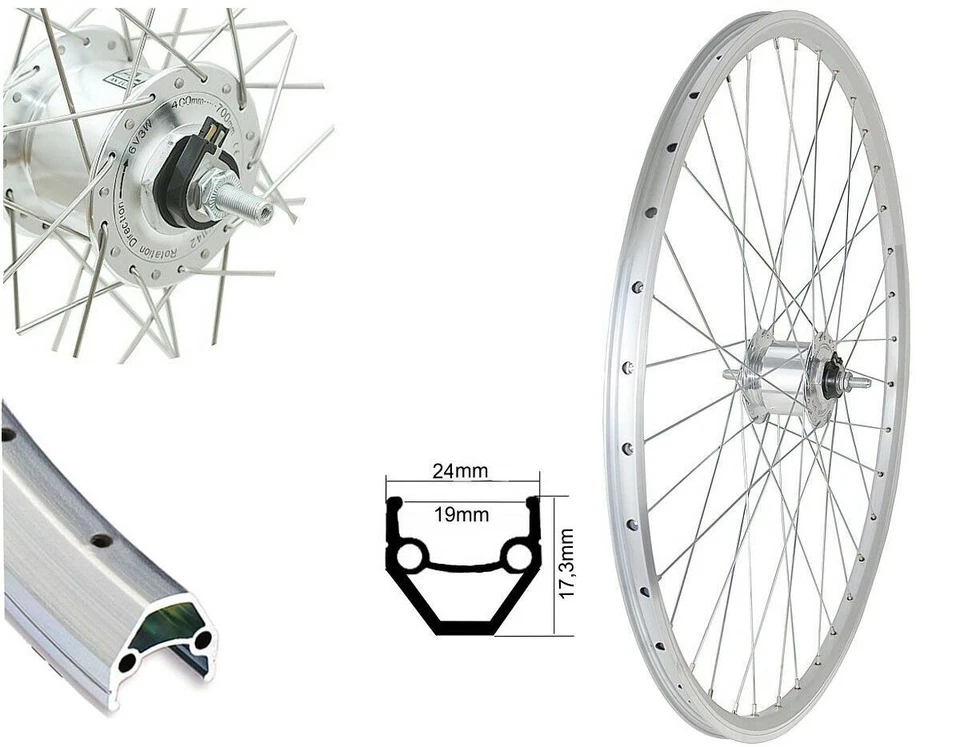 Vorderrad 28" mit Nabendynamo Hohlkammerfelge 28 Zoll für Felgenbremse silber 28 - Bild 1 von 1