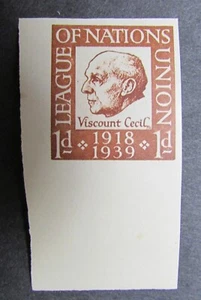 LEAGUE OF NATIONS UNION GAINES LONU1 IMPERF WHITE CENTER ERROR MNH 1939 - Picture 1 of 2