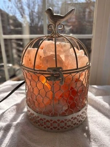 Mesmerizing Himalayan Salt Lamp in Delightful White Metal "Bird Cage" Container - Picture 1 of 7