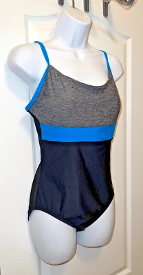 Speedo, Traje de baño para mujer 1 pieza con soporte para busto gris jaspeado y azul sobre negro, talla 12 Foto 1 de 4