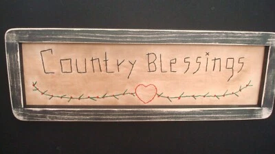 Primitive Country Stitchery *COUNTRY BLESSINGS* Black Frame  14 3/4" x 5"   - Image 1 of 2