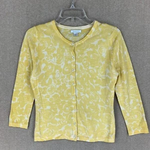 Garnet Hill Womens Sweater L ( SMALL ) Merino Wool Yellow Floral Cardigan Knit - Picture 1 of 15