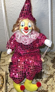 Vintage Shalon Toy Clown Doll Marionette Sitting On Swing 18” Pink With Hat - Picture 1 of 10
