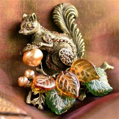 Sweet Romance Squirrel Fall Harvest Brooch Pin Glass Pearl Acorn Made in the USA - Image 1 of 4