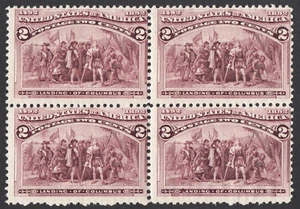 US # 231c *MINT OG H* { SCARCE "BROKEN HAT VAR" BLOCK OF 4 } 2c COLUMBIAN 1893 - Picture 1 of 5