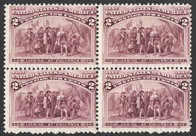 US # 231c *MINT OG H* { SCARCE "BROKEN HAT VAR" BLOCK OF 4 } 2c COLUMBIAN 1893 - Image 1 of 4