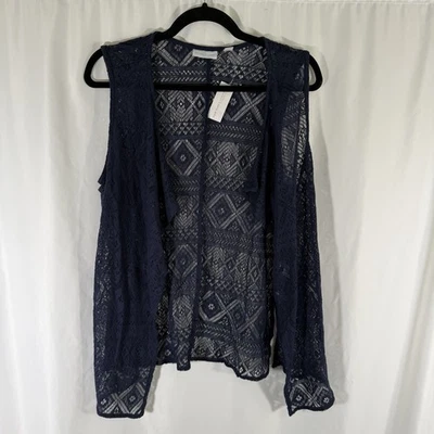 New New York & Company Blouse Women Medium Blue Open Knit Sleeveless Lightweight Foto 1 de 4