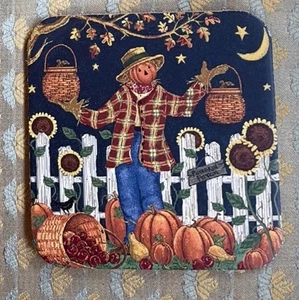 Lot Of 5 Scarecrow Pumpkins  Flowers Fall Autumn 4” Square Cork Backed Coasters - Picture 1 of 4