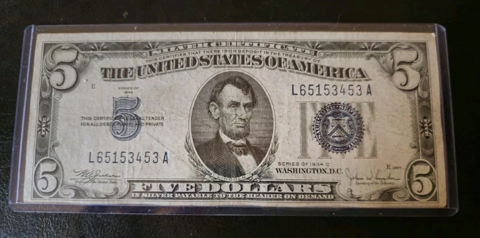 1934 C $5 Dollar Silver Certificate Blue Seal Note - Image 1 of 2
