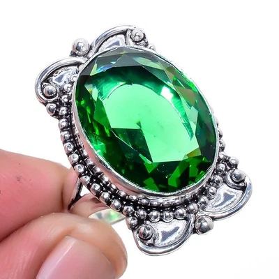 Anillo de joyería chapado en plata con piedras preciosas de cuarzo esmeralda (simulado) s.7.5 F2569 Foto 1 de 4