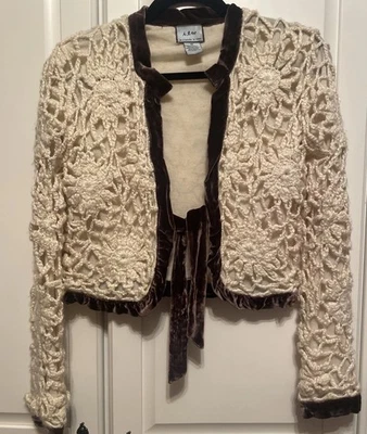 Vintage Boho Velvet Crochet Claude Brown Jacket Short Sweater Shrug - Image 1 of 4