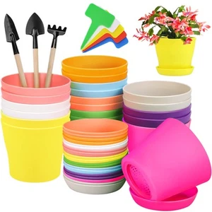20 Pack Plastic Planters 4 Inch Plant Flower Pot with Trays, Seedlings Nurser... - Picture 1 of 7