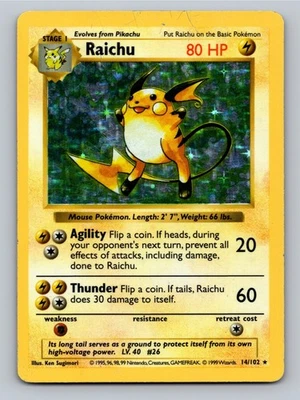 Juego de cartas coleccionables Pokémon Raichu Holo raro sin sombras 014/102 Foto 1 de 2