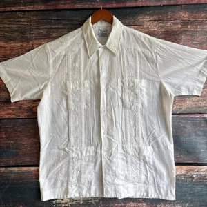 GUAYABERA Haband Button Up shirt mens Sz L Cuban Yucatán Caribbean Pintuck White - Picture 1 of 7
