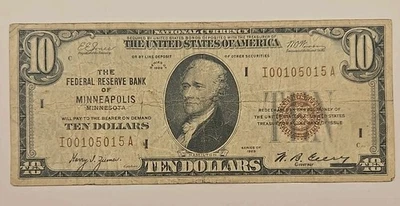 1929 $10 Minneapolis Minnesota Federal Reserve Bank National Currency - Image 1 of 4