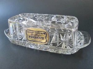 Vintage ANCHOR HOCKING Star-Brite PRESCUT Butter Dish w/ Lid + Orig.Gold Sticker - Picture 1 of 4