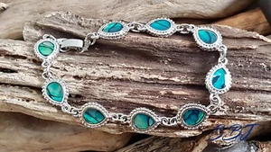 Blue Abalone teardrop bracelet silver plate 17cm long - Picture 1 of 12