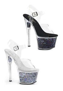 Pleaser SKY-308GF 7" Heel, 2 3/4" Glitter Filled Platform Ankle Strap Sandal - Picture 1 of 42