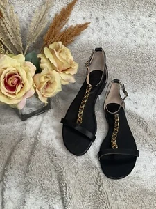 Ralph Lauren Elise Black Leather Flat T-Strap Gold Chain Sandals Size 7B - Picture 1 of 7