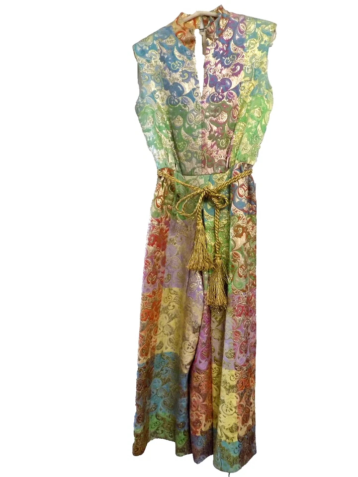 Vtg FAB 60s Joseph Magnin Metallic Tapestry Gold Pink Green Disco Maxi Jumpsuit - Image 1 of 4
