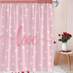 Valentine's Day Pink Heart Shower Curtain with Hooks Romantic Couple Decor - Picture 1 of 4