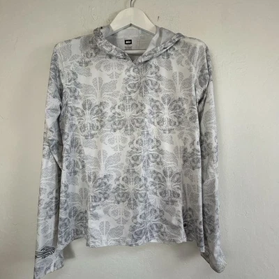 Camisa Pullover REI Para Mujer Ligera Con Capucha Manga Larga Grande Gris Patrón Hoja Foto 1 de 4