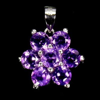 925 Pendente Argento Sterling Rotondo Ametista 4mm Fiore Naturale Gemma Gioielli - Immagine 1 di 4