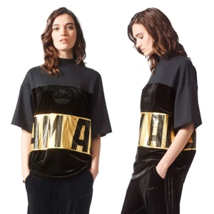 adidas Womens Originals Oversize Sweater Tee Black Velvet Trefoil T-Shirt Top - Picture 1 of 9