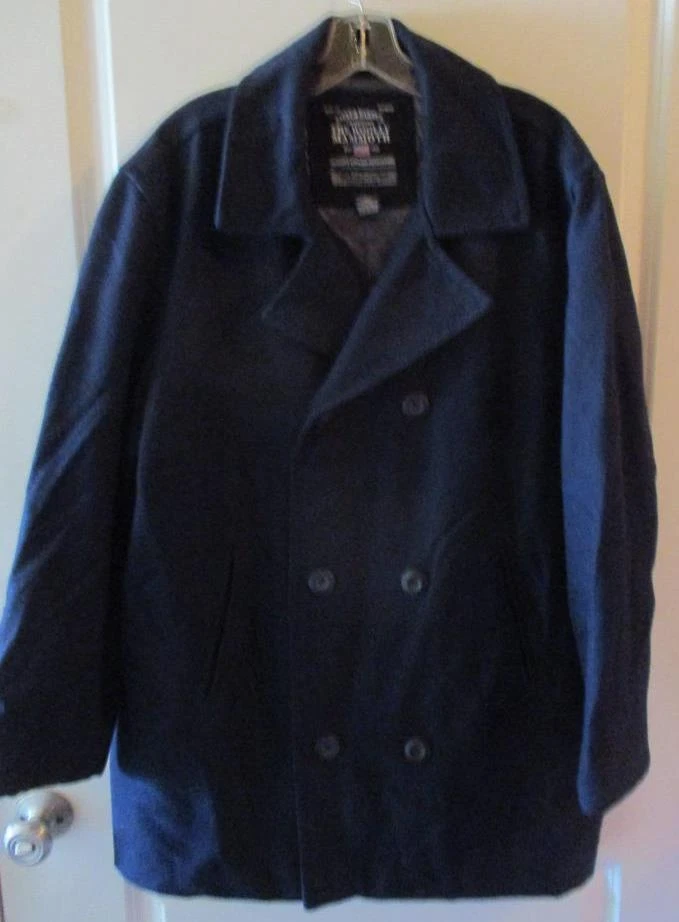 Abrigo Steve & Barry's Lana Mamut Lana Azul Marino Guisante Doble Pecho L Grande Foto 1 de 1