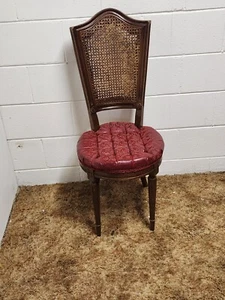 Side Chair Red Tufted Seat Cane Back Wood Vintage Wobbly Fluted Legs ROUGH Poor - Picture 1 of 16