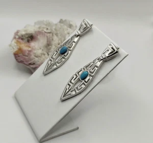 Greek Key Sterling Silver 925 Stud Earrings with Turquoise Stone - Picture 1 of 5