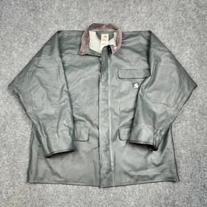 Carhartt Jacket Mens Large Rain Coat PVC Waterproof Green Snap Missing Hood - Picture 1 of 10