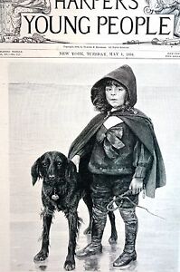  Comrades 1894 A BOY or GIRL and DOG w Bell at Waters Edge Matted Antique Print