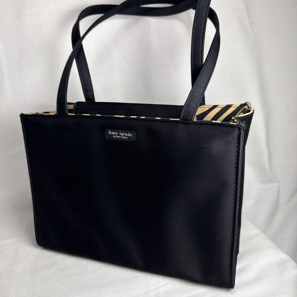 Vtg 1990s Kate Spade black bag nylon outer cloth label animal print accent - Image 1 of 4
