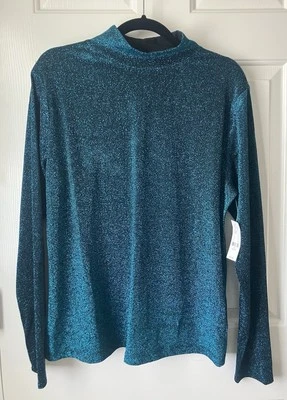 Pullover brillante azul azulado con cuello falso de lúrex metálico NY & Co para mujer nuevo con etiquetas ~ XL Foto 1 de 4