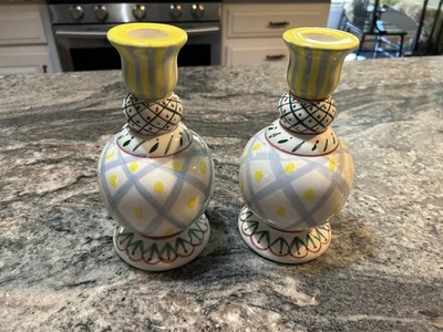 Mackenzie-Childs Ceramic CANDLESTICKS, 8" tall, 3 1/2" wide at base - Image 1 of 4