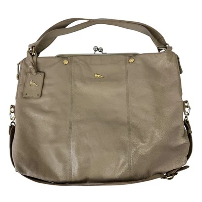 Emma Fox Taupe Leather Kiss Lock XL Size Gold Tone Hardware Shoulder Bag Purse - Image 1 of 4